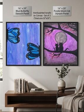 pick one (by me) Blue Butterfly & Purple Moon Cat Big Canvas Wall Art